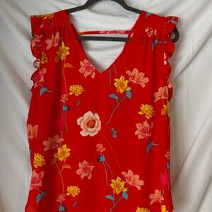 LOFT Red Floral Ruffle Sleeve Blouse